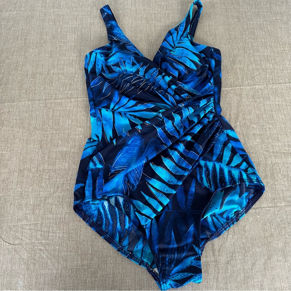 Miraclesuit Tropical Blue Gold Palm Print Ruched Swimsuit Sz 10